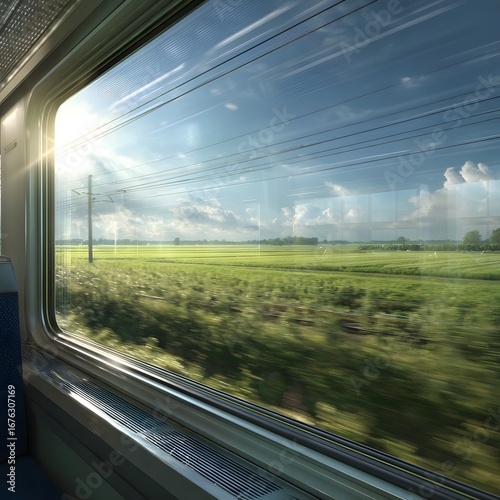 Scenic train journey, bright sunlight streaming through train window, lush green fields and blue sky, ideal for travel themes.