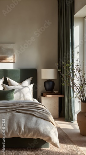Cozy bedroom with soft bedding, neutral color palette, stylish decor, perfect for relaxation and comfort.