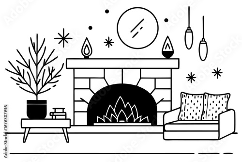 Vector illustrations of various interiors and exteriors, from a vintage garden with flowers to a retro restaurant, featuring a set of furniture icons and home decor designs