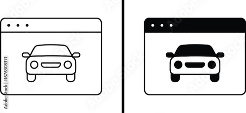 Car Website Icon Set: Two car icons, one in a white interface and the other in a black interface, symbolizing online car sales and automotive websites.