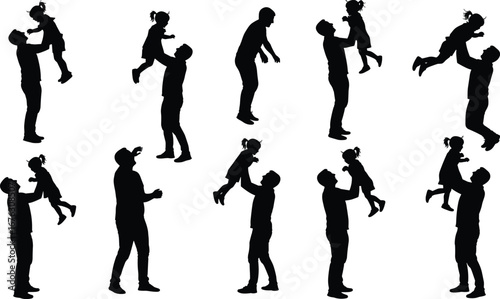 Father and daughter silhouette playing together, family love bonding moments, parenting care, happy childhood memories illustration