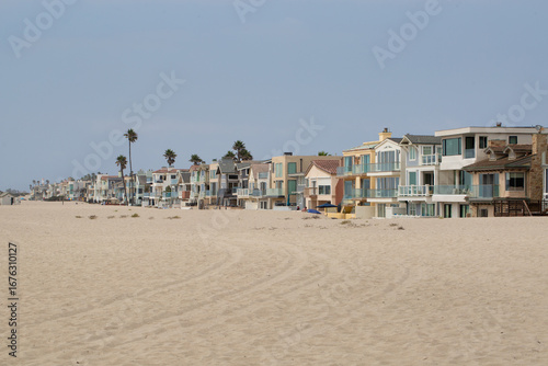 Oxnard, Ventura County, CA, California, August 28, 2025: Hollywood Beach Ocean View with Beach Sands, Homes, Houses, Palm Trees during Sunny Day
