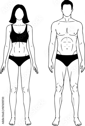 Man and woman human body silhouette, outline figure, patient front view contour. Isolated vector monochrome male and female person shapes, standing full height. Bare and naked slim healthy people