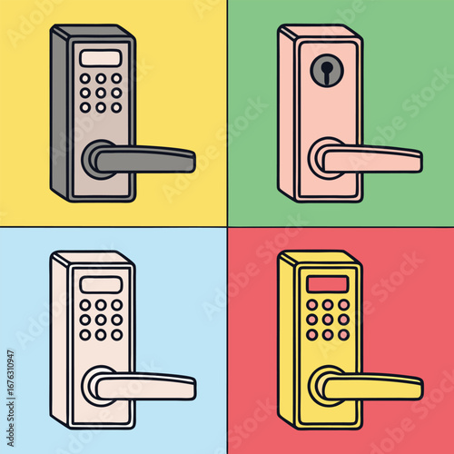 Gray pink yellow door handles with keyhole and keypad door lock keypad lock