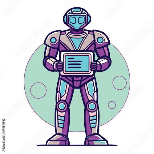 Futuristic robot holding glowing tablet with data artificial intelligence technology