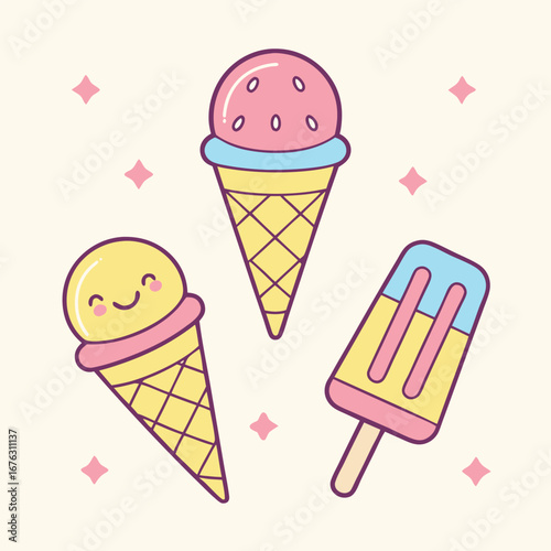 Pastel ice cream cones and popsicle sweet dessert