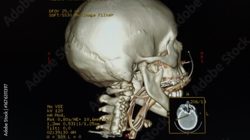 Medical themes: CT Scan of Intraparenchymal hematoma in the left basal ganglia with extension to the temporal lobe and mass effect.