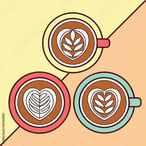 Stylized coffee cups latte art vibrant vector illustration editable stroke