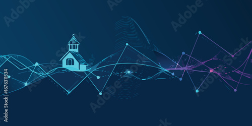 Turquoise mosque on abstract blue and purple network lines building