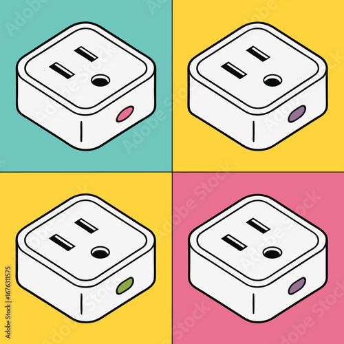White smart plugs with colorful accents on bright backgrounds socket electrical outlet