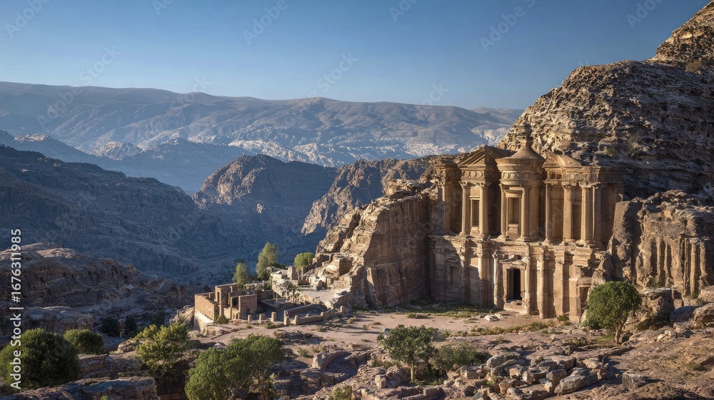 Naklejka premium A majestic ancient monastery, carved into the sandstone cliffs of a mountainous landscape, stands proudly amidst a breathtaking natural setting.