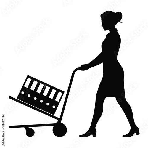 Professional woman pushing cart of files, symbolizing organization, efficiency, and business success, perfect for corporate presentations and marketing campaigns.