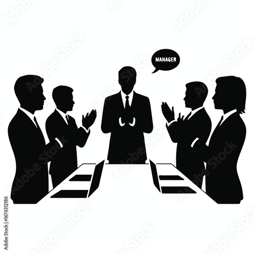 Business team applauding successful leader during a board meeting, celebrating achievement and progress in a modern office setting