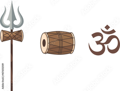 A trio of Hindu symbols: the Trishul, Damaru drum, and Om mantra, representing Lord Shiva's divine power, creation, and spiritual transcendence.