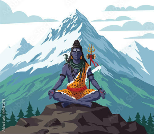 Supreme Hindu deity Lord Shiva meditating in the tranquil Himalayas, embodying cosmic energy, divine wisdom, and eternal peace.