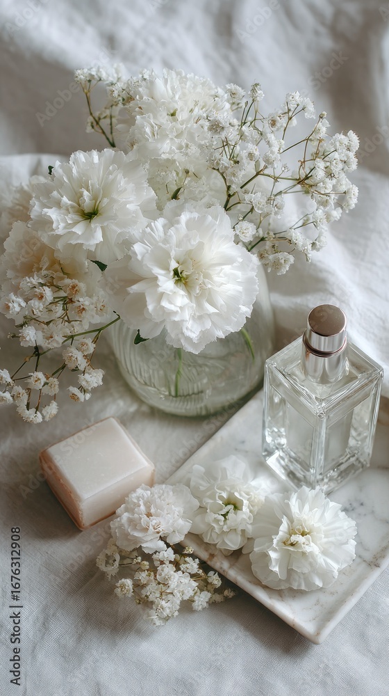 Fototapeta White floral arrangement on linen