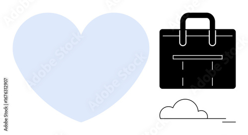 Blue heart, black briefcase, and minimalist cloud emphasize balance, harmony, and stress-free work life. Ideal for wellness, self-care, career, productivity mindfulness simplicity flat metaphor