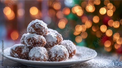 Pfeffernüsse cookies dusted with sugar, spiced warmth in crisp detail, holiday charm on a simple plate.