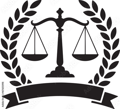 Justice scales emblem with laurel wreath and banner design