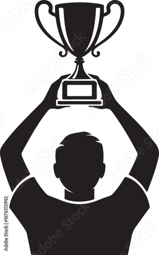 Person celebrating victory holding up a trophy