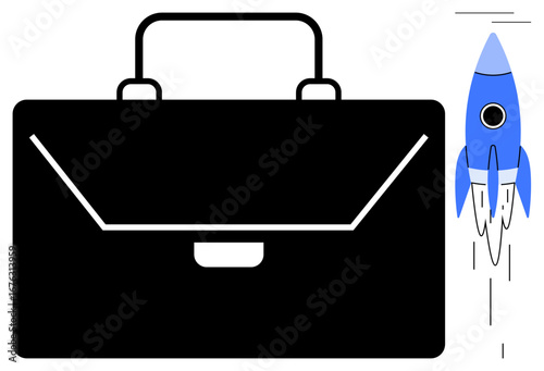 Black briefcase paired with blue rocket launch signifies business, innovation, success, entrepreneurship, startup growth, future planning. Ideal for productivity, career, strategy progress