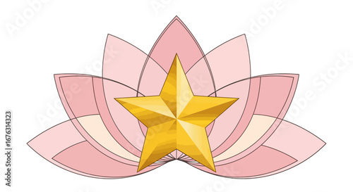 A golden star placed centrally within a soft pink lotus flower, presenting a delicate and balanced composition.