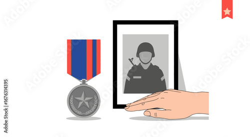 A hand gently touches a framed portrait next to a military medal, honoring service.