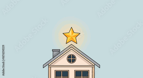 A radiant golden star shines brightly above the peak of a house roof, set against a simple blue background.