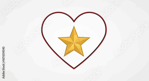 A shiny, golden five-pointed star is perfectly centered inside a thin red heart outline on a plain white background.