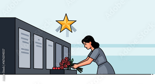 A woman in a grey dress places a bouquet of red roses on a memorial wall with a golden star.
