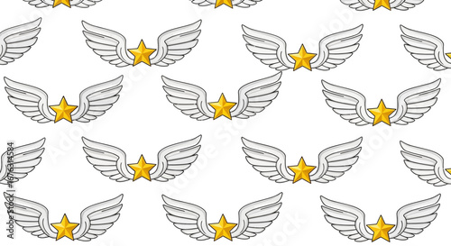 A repeating pattern of hand-drawn golden stars with white feathered wings, creating a whimsical and decorative background design.