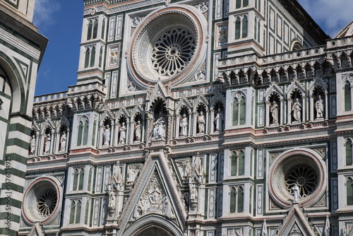 Closeup of the Cathedral of Saint Mary of the Flowers, Cattedrale di Santa Maria del Fiore, Duomo di Firenze, Florence, Italy.