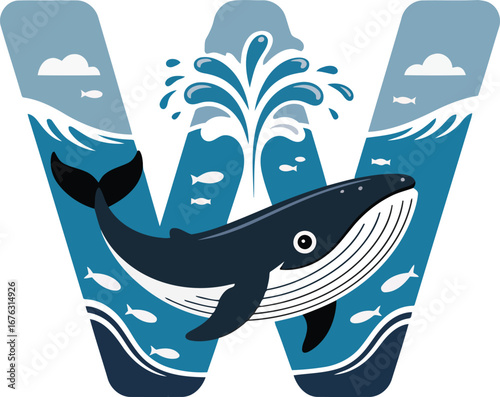 Letter W Whale Ocean Alphabet Design with Water, Waves, and Fish Illustration for Children