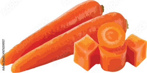 Two Orange Carrots with Sliced and Cubed Pieces vegetable