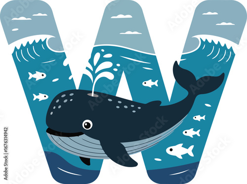 Letter W Whale Ocean Alphabet Design with Water, Waves, and Fish Illustration for Kids
