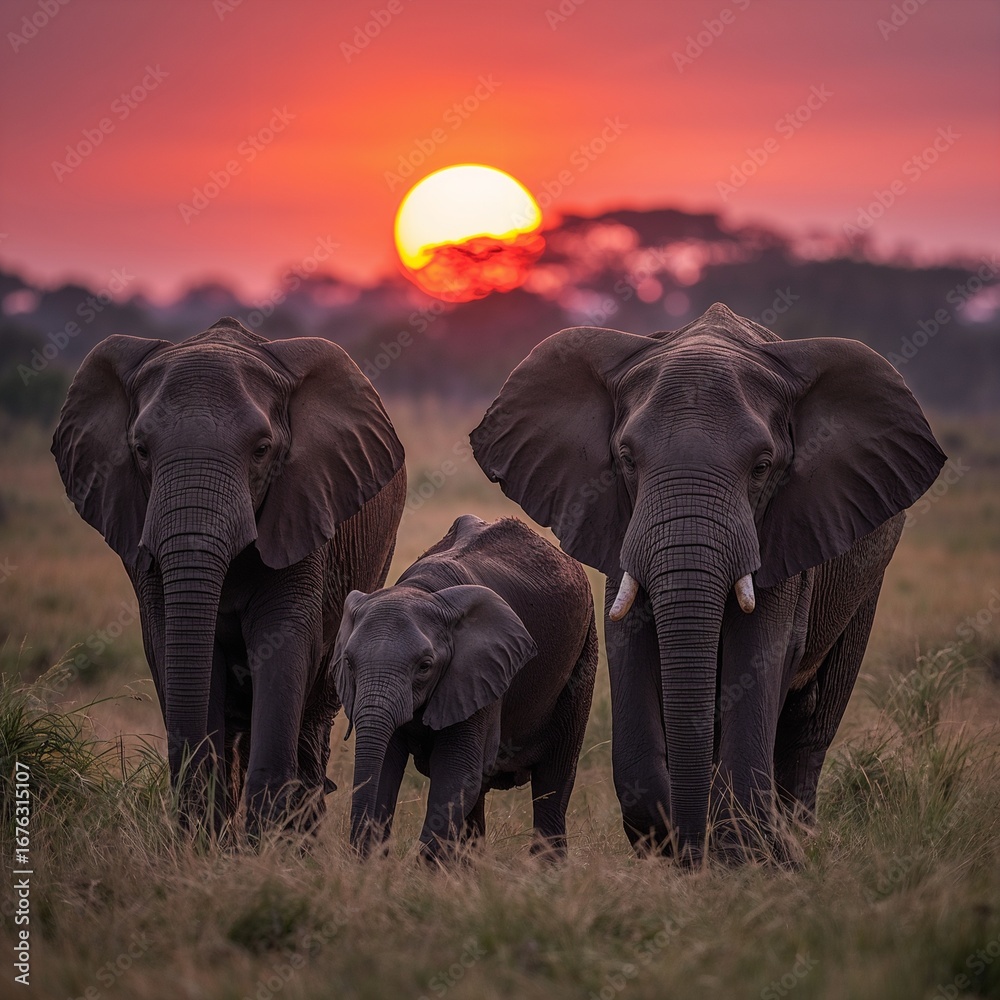 Obraz premium elephant, Africa, savanna, sunset, wildlife, nature, animal, family, baby, landscape, wild, travel, safari, dusk, orange, sky, grass, herd, trunk, tusks, mammal, outdoors, environment, conservation