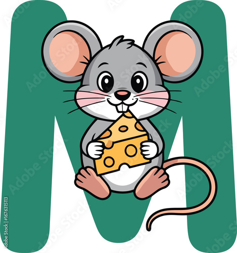 Mouse with Cheese Letter M Design for Alphabet Learning and Cute Animal Illustration