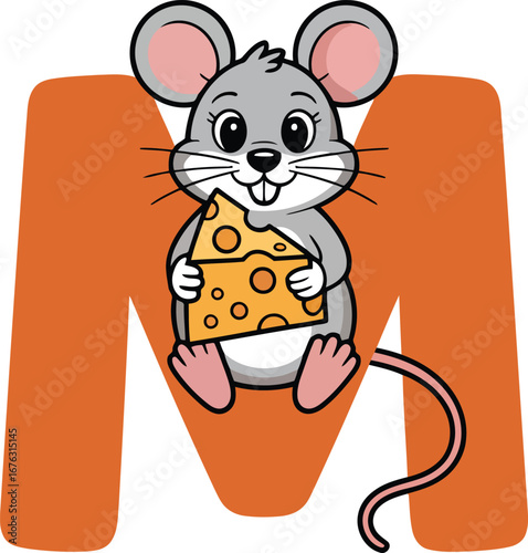 Mouse with Cheese Letter M Design for Alphabet Learning and Cute Animal Illustration