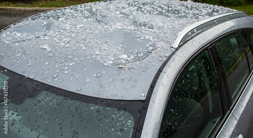 Damaged car roof covered in dents from severe hailstorm