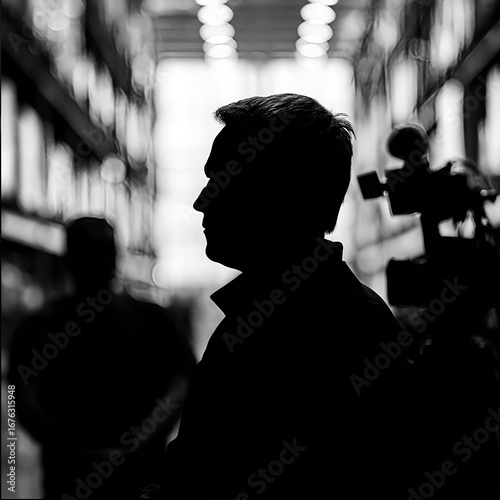 A documentary filmmaker shot of a man dressed up standing under a spotlight with silhouetted crew and camera equipment in front of him in a dimly lit warehouse.