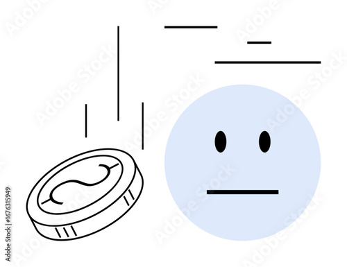 Falling coin near a neutral face symbolizing decisions, chance, uncertainty, or emotions. Ideal for uncertainty, decision-making, psychology, finance, luck behavior simple landing page
