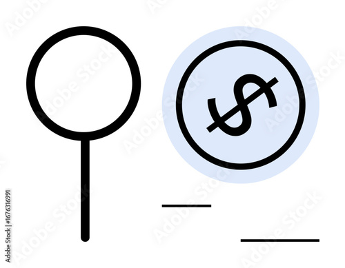 Magnifying glass examining a crossed-out dollar sign, symbolizing financial scrutiny, cost reduction, or budget evaluation. Ideal for finance, expense management, audits, savings, investments