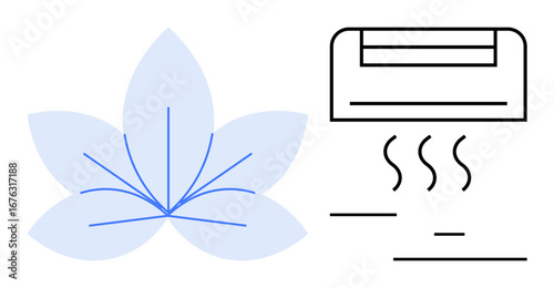 Air conditioner releasing cool air beside an abstract flower symbolizing freshness, well-being, and a clean environment. Ideal for comfort, relaxation, hygiene, eco-friendliness, nature balance