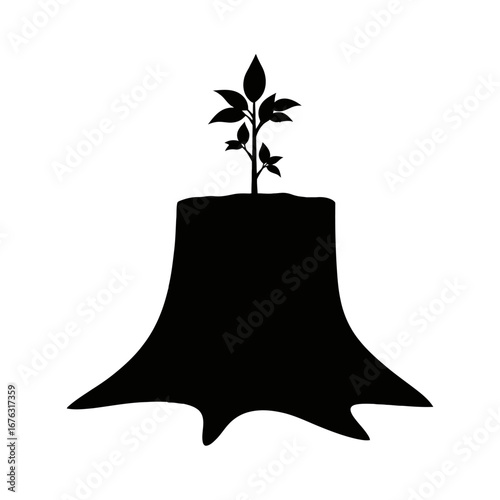 Silhouette of a young plant growing from a tree stump, symbolizing regrowth