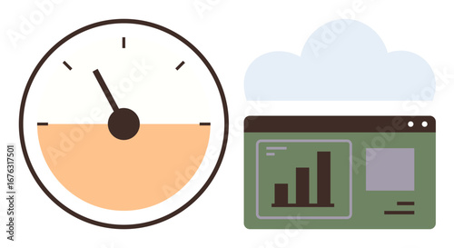 Speedometer measuring progress, bar chart on screen with a cloud symbol in the background. Ideal for analytics, productivity, cloud computing, digital performance, data processing, technology