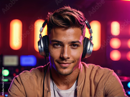Male DJ performing at nightclub party with neon lights