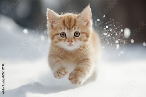 Adorable British kitten playing in snow with ginger fur