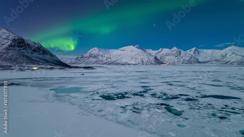 Vibrant Aurora Borealis over icy water and snow-capped mountains in a tranquil winter night landscape