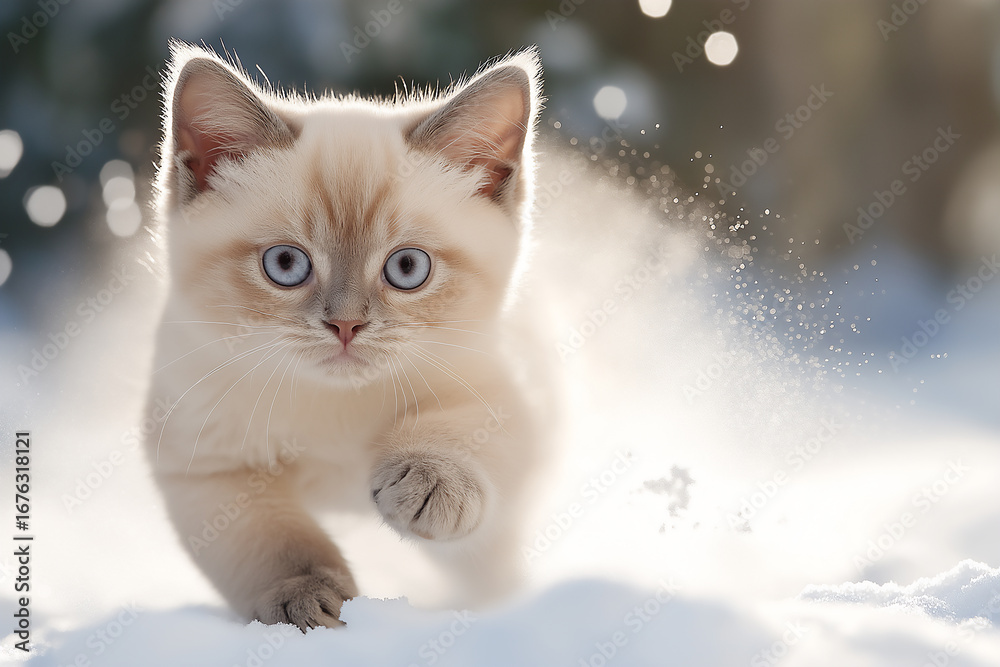 Fototapeta premium Ragdoll kitten playing in the snow: cute, winter, playful, feline, pet, adorable and young