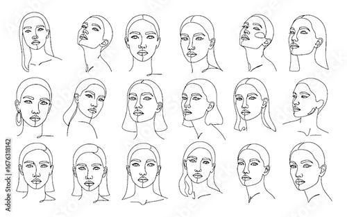 Minimalist Tattoo Design Set of Lineart Woman Face Line Drawing  Black and White Vector Illustration.